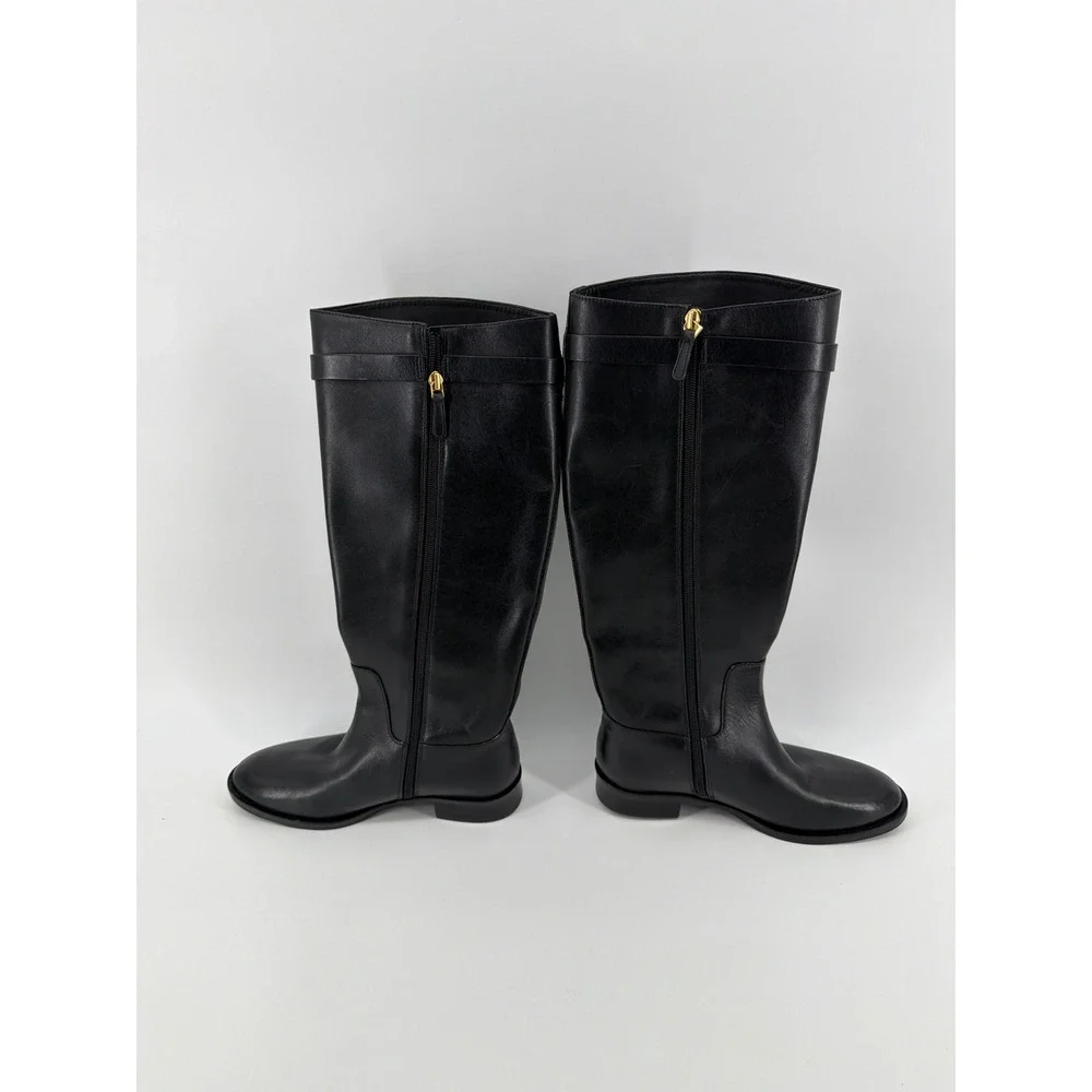 Tory Burch Black Leather Tall Riding‎ Boots Gold Logo Buckle 6W 139174